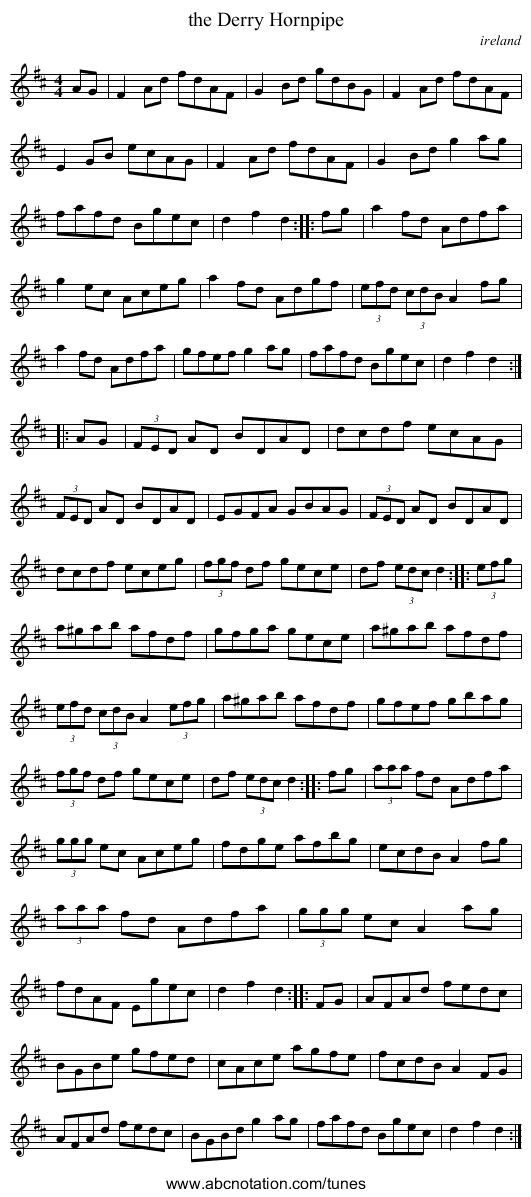 the Derry Hornpipe - staff notation