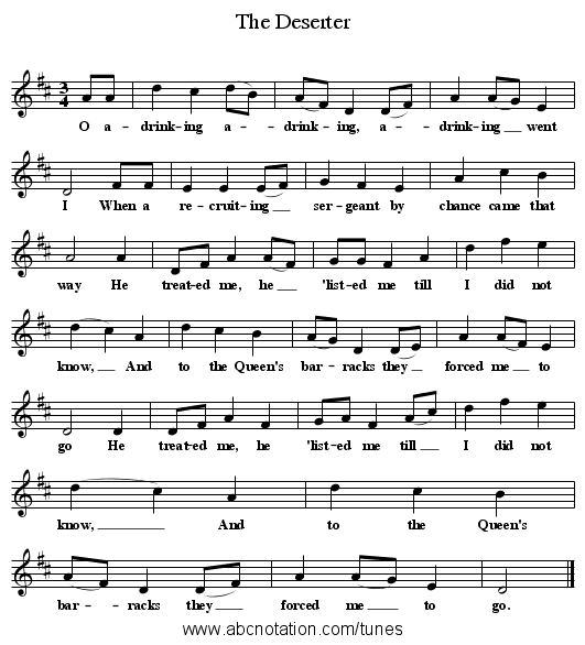 The Deserter - staff notation