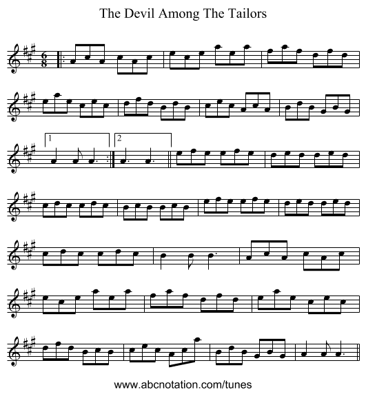 The Devil Among The Tailors - staff notation