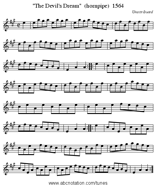 The Devil's Dream  (hornpipe)  1564 - staff notation