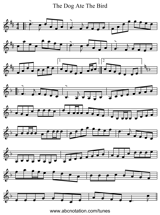 The Dog Ate The Bird - staff notation