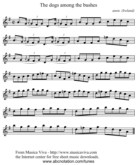 The dogs among the bushes - staff notation