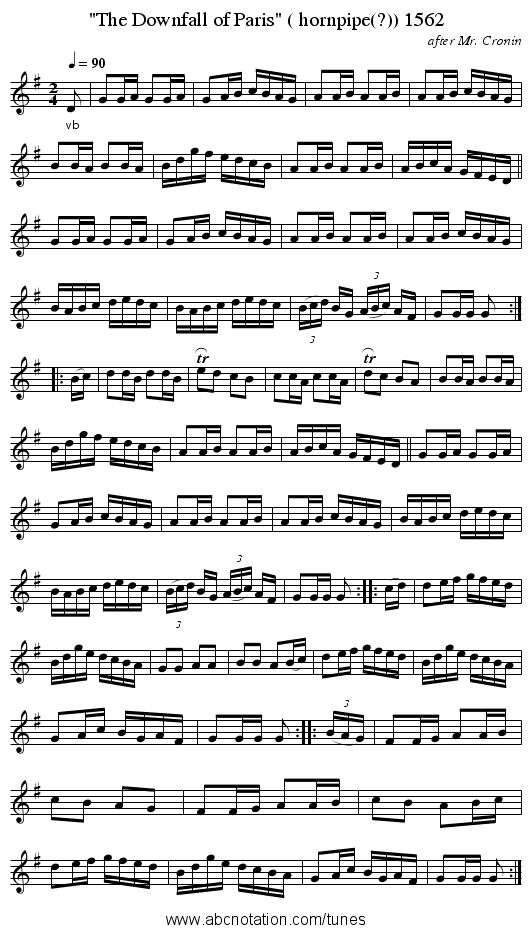 The Downfall of Paris ( hornpipe(?)) 1562 - staff notation