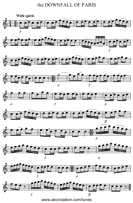 the DOWNFALL OF PARIS - staff notation