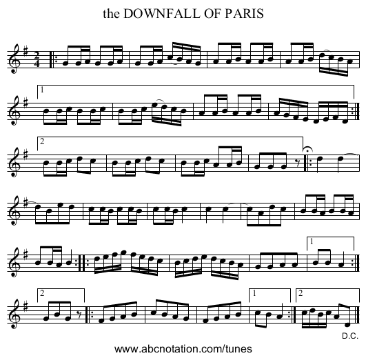 the DOWNFALL OF PARIS - staff notation