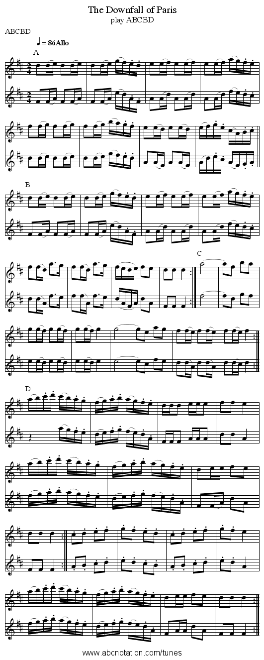 The Downfall of Paris - staff notation