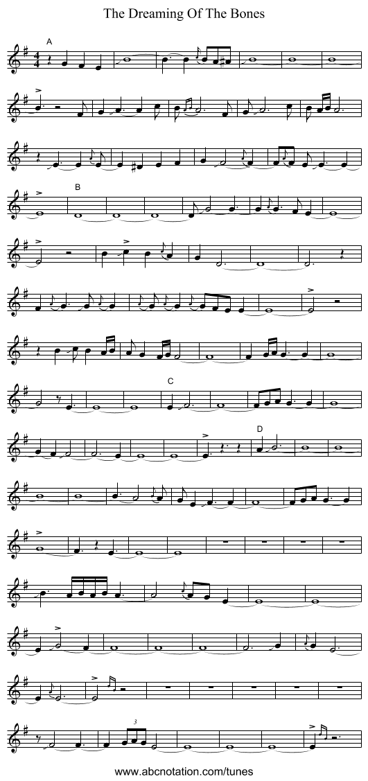 The Dreaming Of The Bones - staff notation