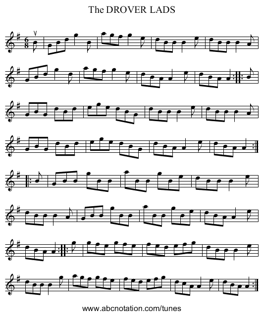 The DROVER LADS - staff notation