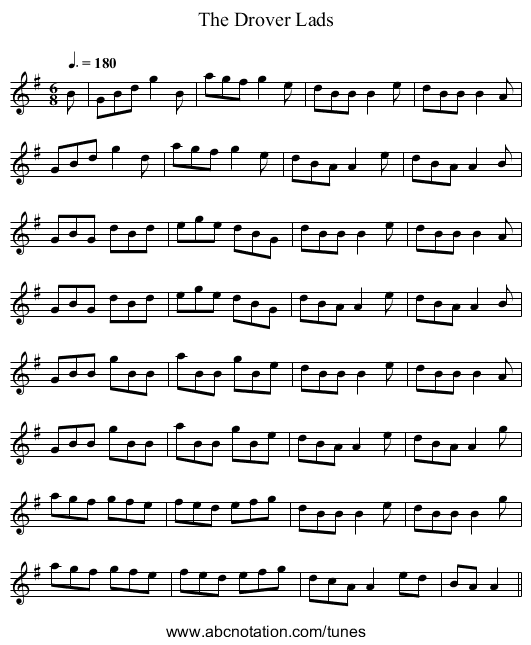 The Drover Lads - staff notation