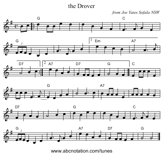 the Drover - staff notation