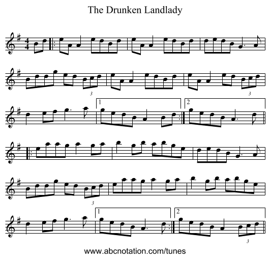 The Drunken Landlady - staff notation