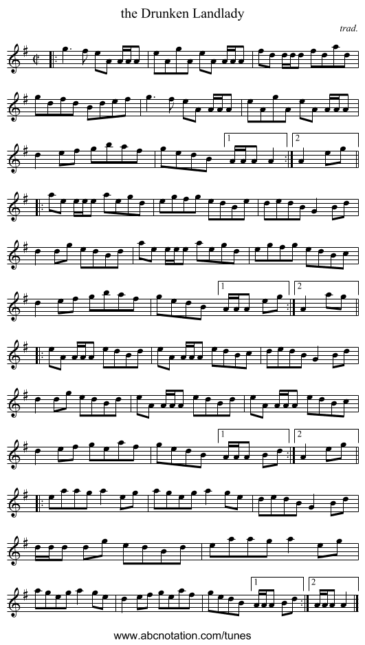 the Drunken Landlady - staff notation
