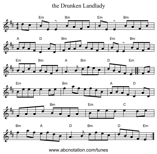 the Drunken Landlady - staff notation