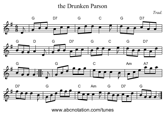 the Drunken Parson - staff notation