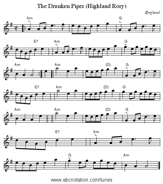The Drunken Piper (Highland Rory) - staff notation