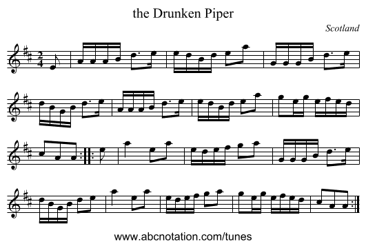 the Drunken Piper - staff notation