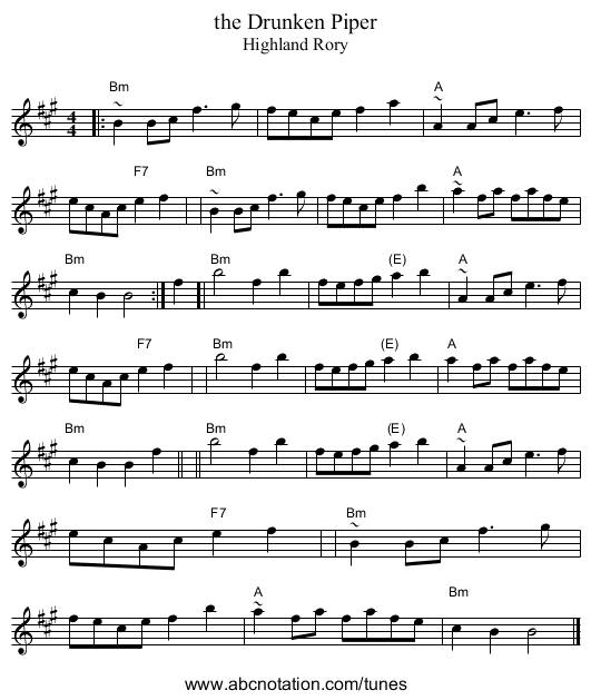 the Drunken Piper - staff notation