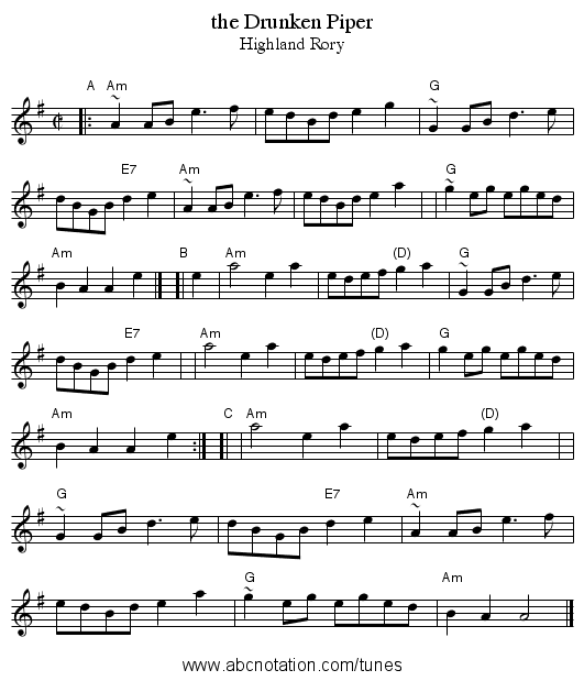 the Drunken Piper - staff notation