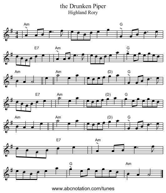 the Drunken Piper - staff notation
