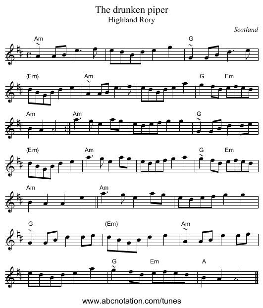 The drunken piper - staff notation