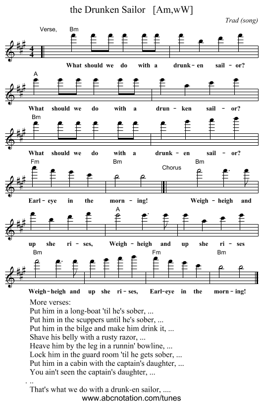 the Drunken Sailor   [Am,wW] - staff notation