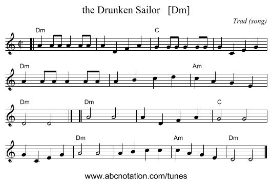 the Drunken Sailor   [Dm] - staff notation