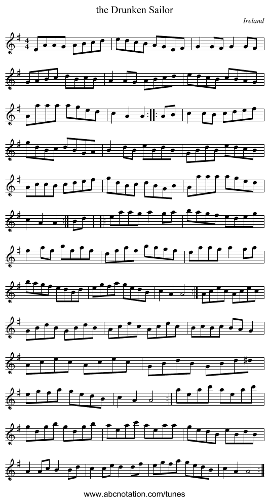 the Drunken Sailor - staff notation