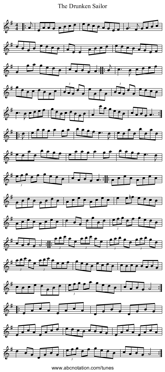 The Drunken Sailor - staff notation