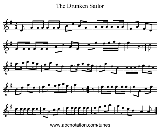 The Drunken Sailor - staff notation