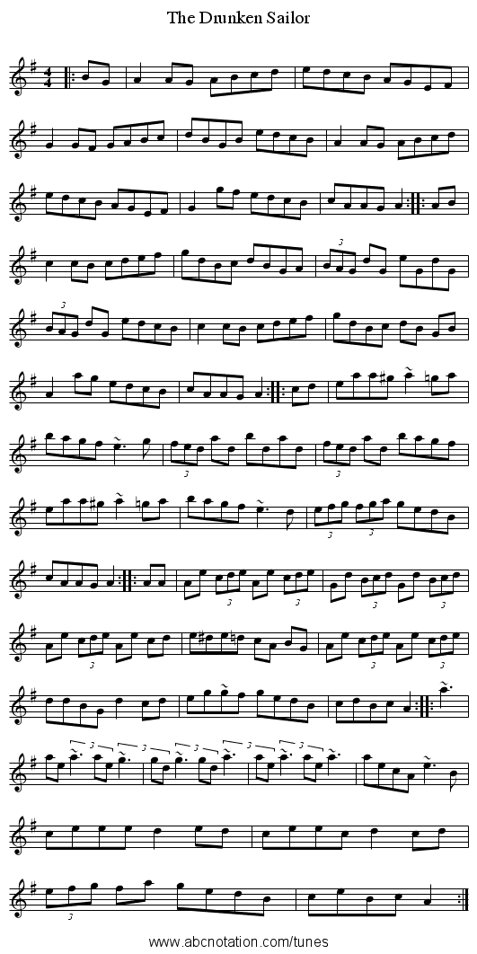 The Drunken Sailor - staff notation