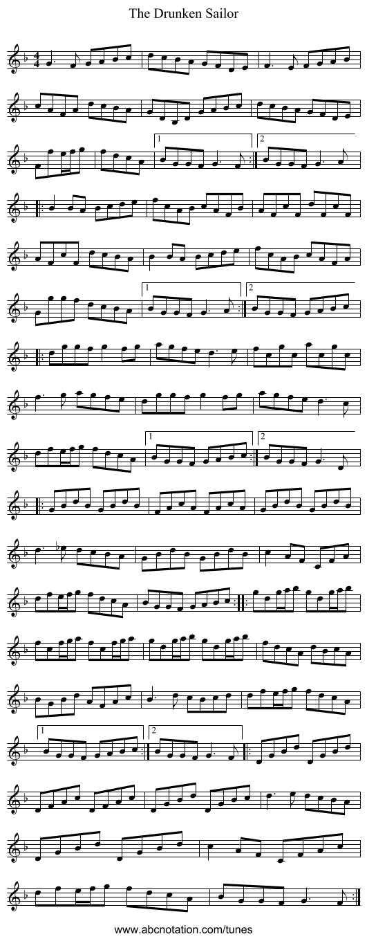 The Drunken Sailor - staff notation