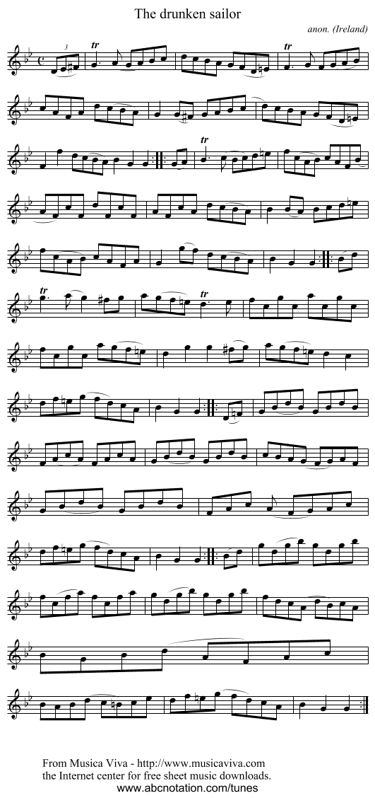 The drunken sailor - staff notation