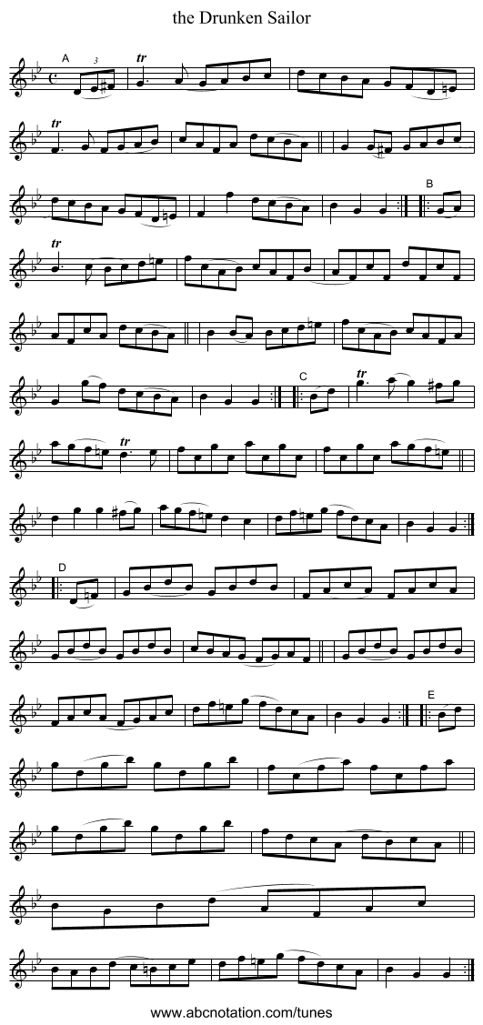 the Drunken Sailor - staff notation