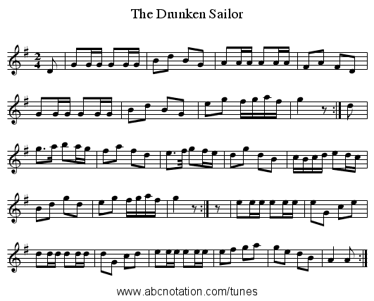 The Drunken Sailor - staff notation