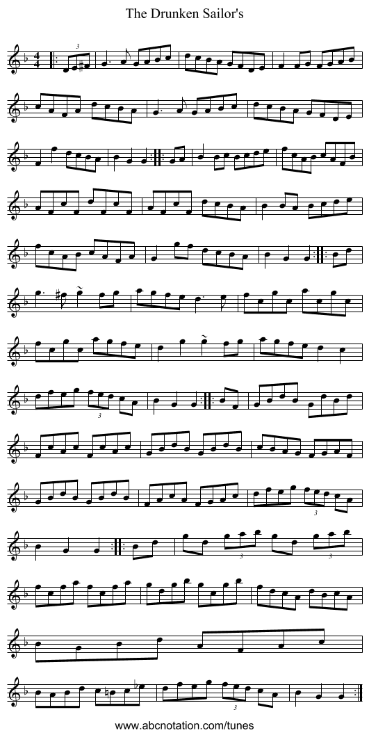 The Drunken Sailor's - staff notation