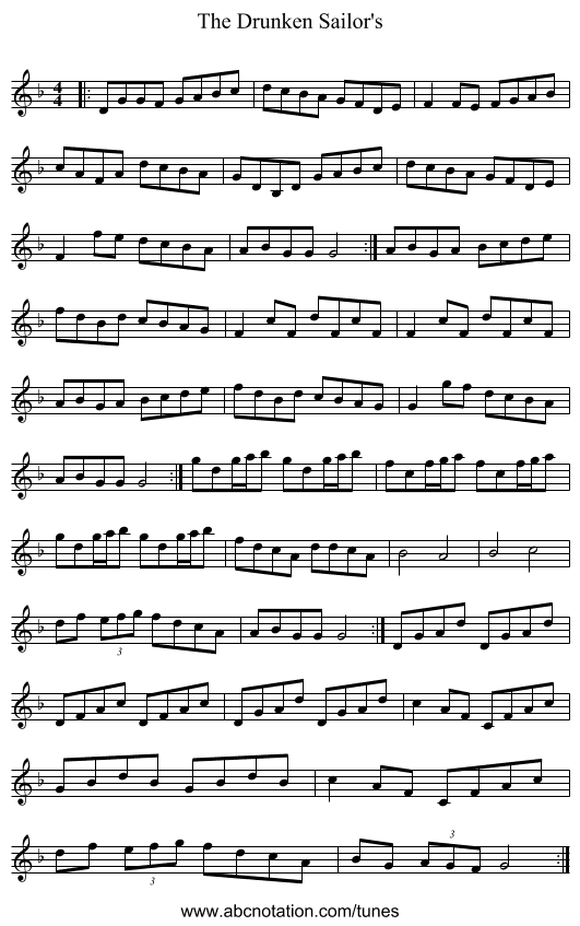 The Drunken Sailor's - staff notation