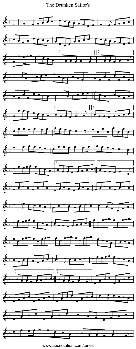 The Drunken Sailor's - staff notation