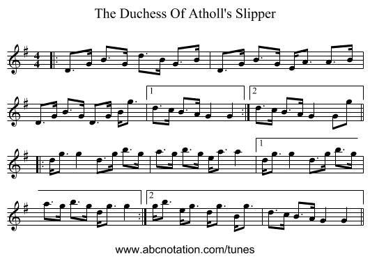 The Duchess Of Atholl's Slipper - staff notation