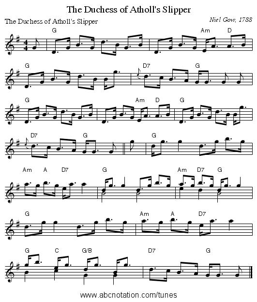 The Duchess of Atholl's Slipper - staff notation