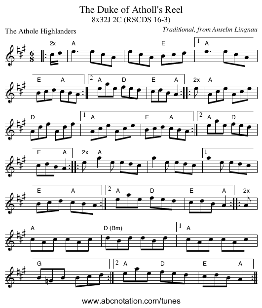 The Duke of Atholl's Reel - staff notation