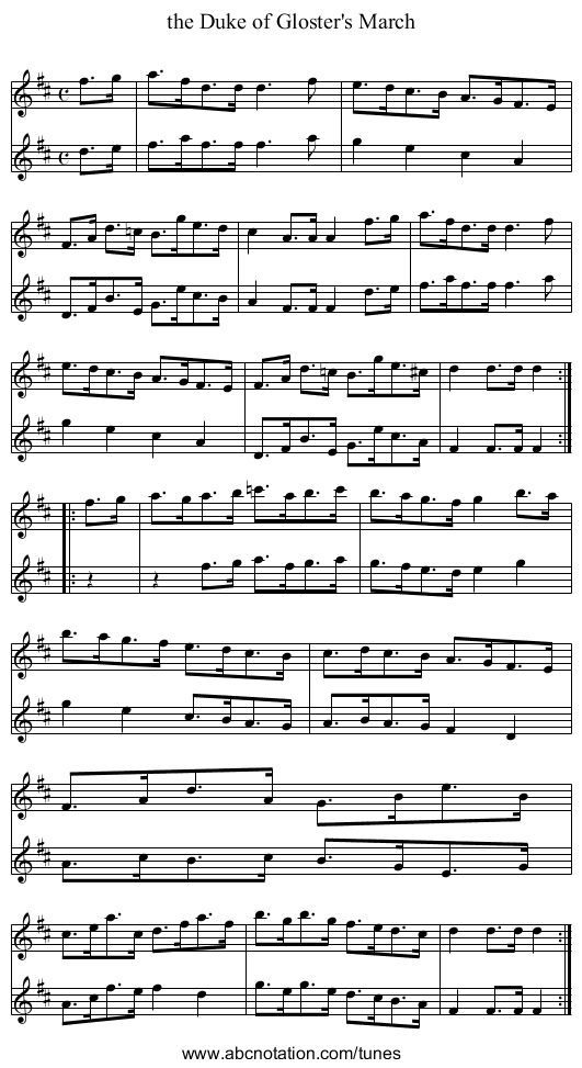 the Duke of Gloster's March - staff notation