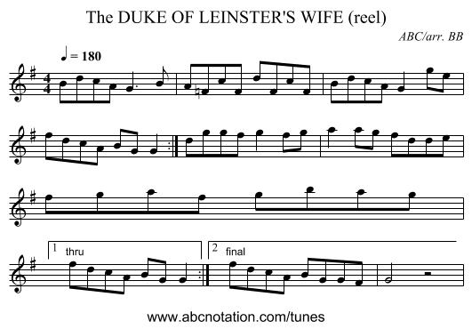 The DUKE OF LEINSTER'S WIFE (reel) - staff notation
