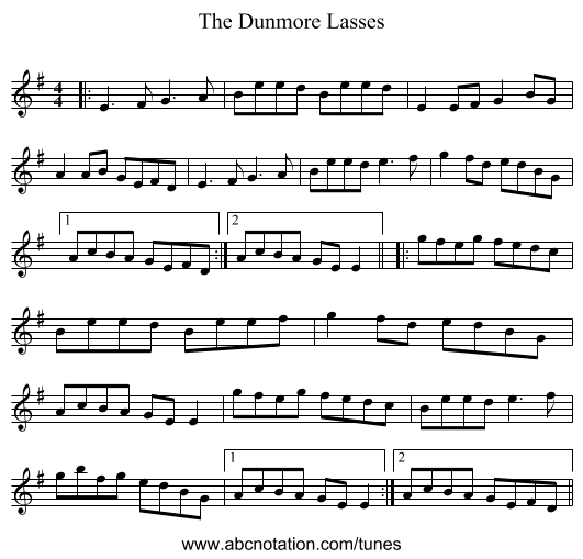 The Dunmore Lasses - staff notation