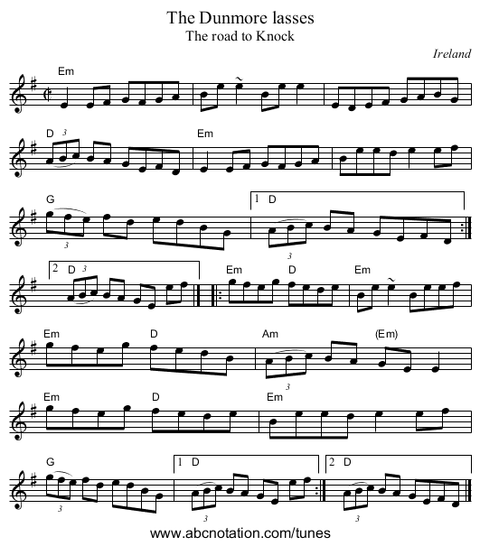 The Dunmore lasses - staff notation
