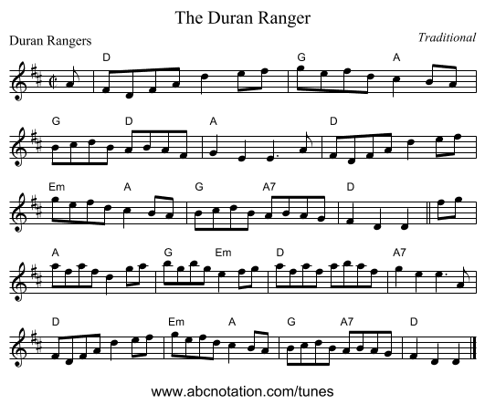 The Duran Ranger - staff notation