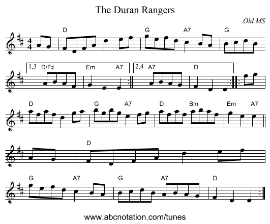The Duran Rangers - staff notation