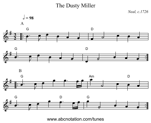 The Dusty Miller - staff notation