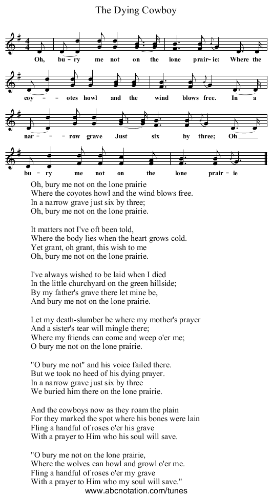 The Dying Cowboy - staff notation