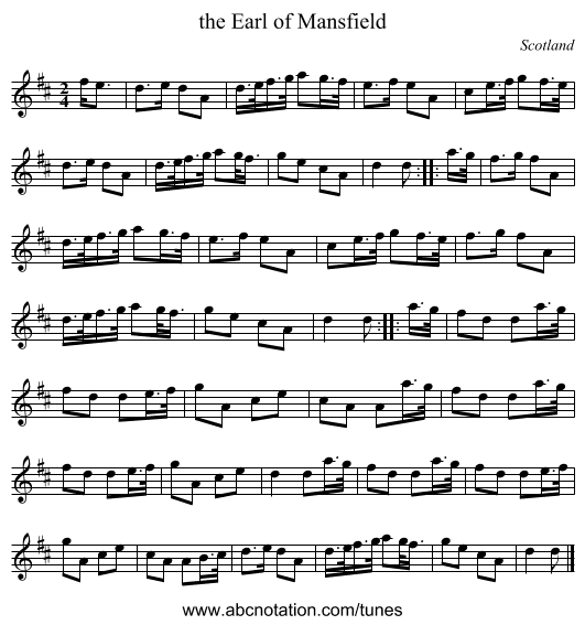 the Earl of Mansfield - staff notation