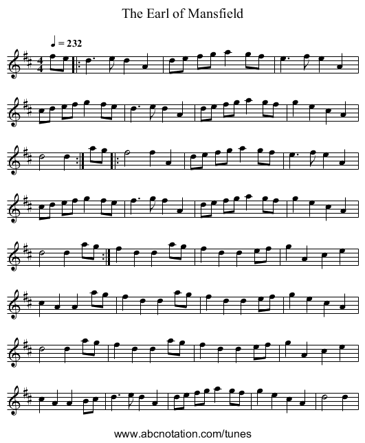 The Earl of Mansfield - staff notation